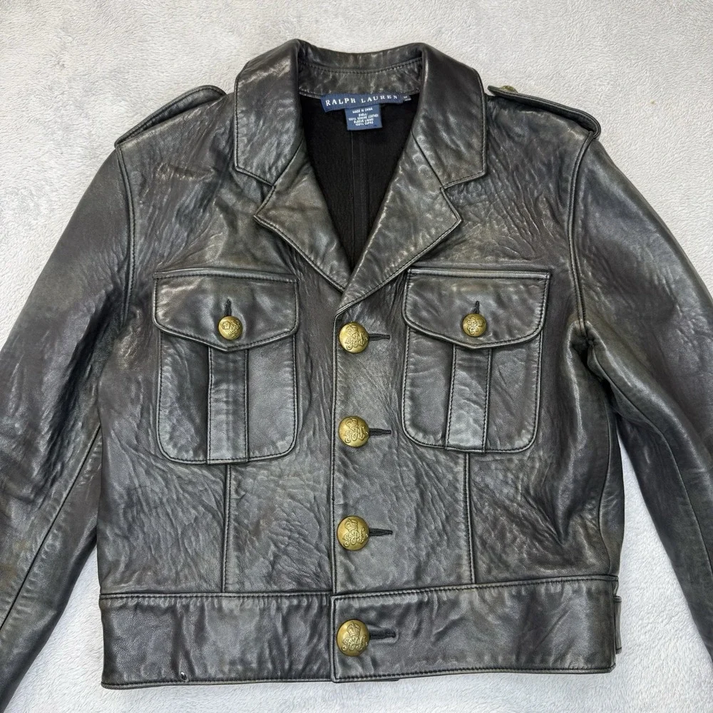Ralph Lauren Blue Label Womens M Black Leather Cropped Military Jacket Brass